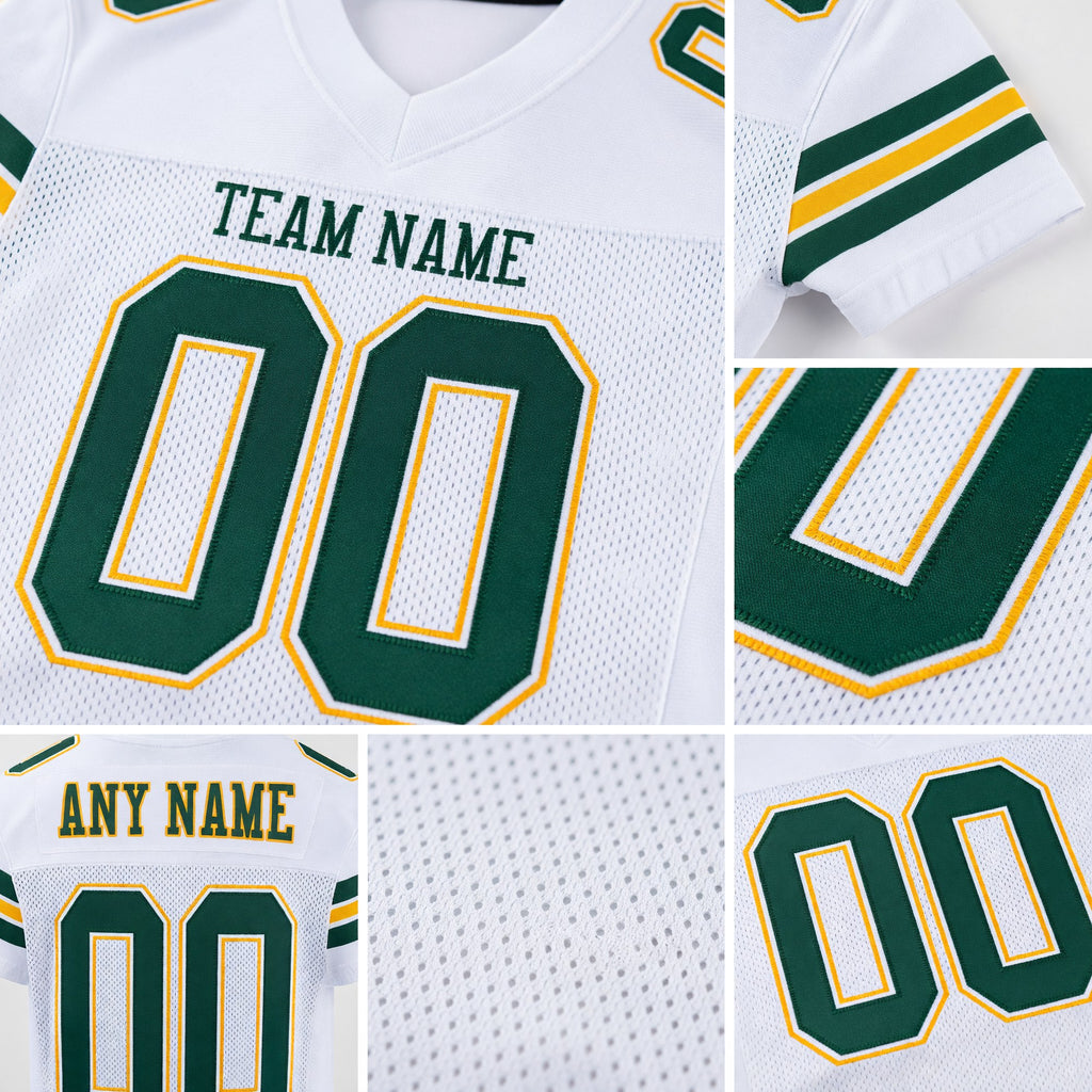 Custom White Green-Gold Mesh Authentic Football Jersey detail