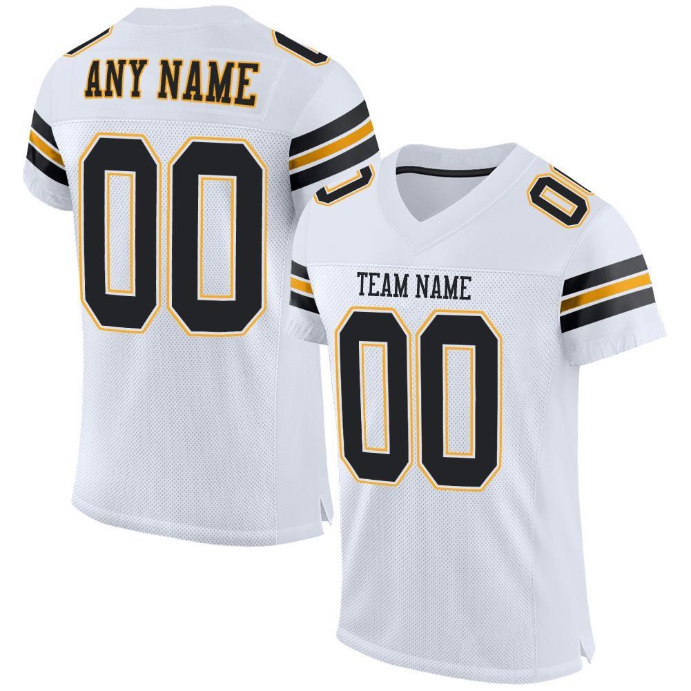 Custom White Black-Gold Mesh Authentic Football Jersey photo 1