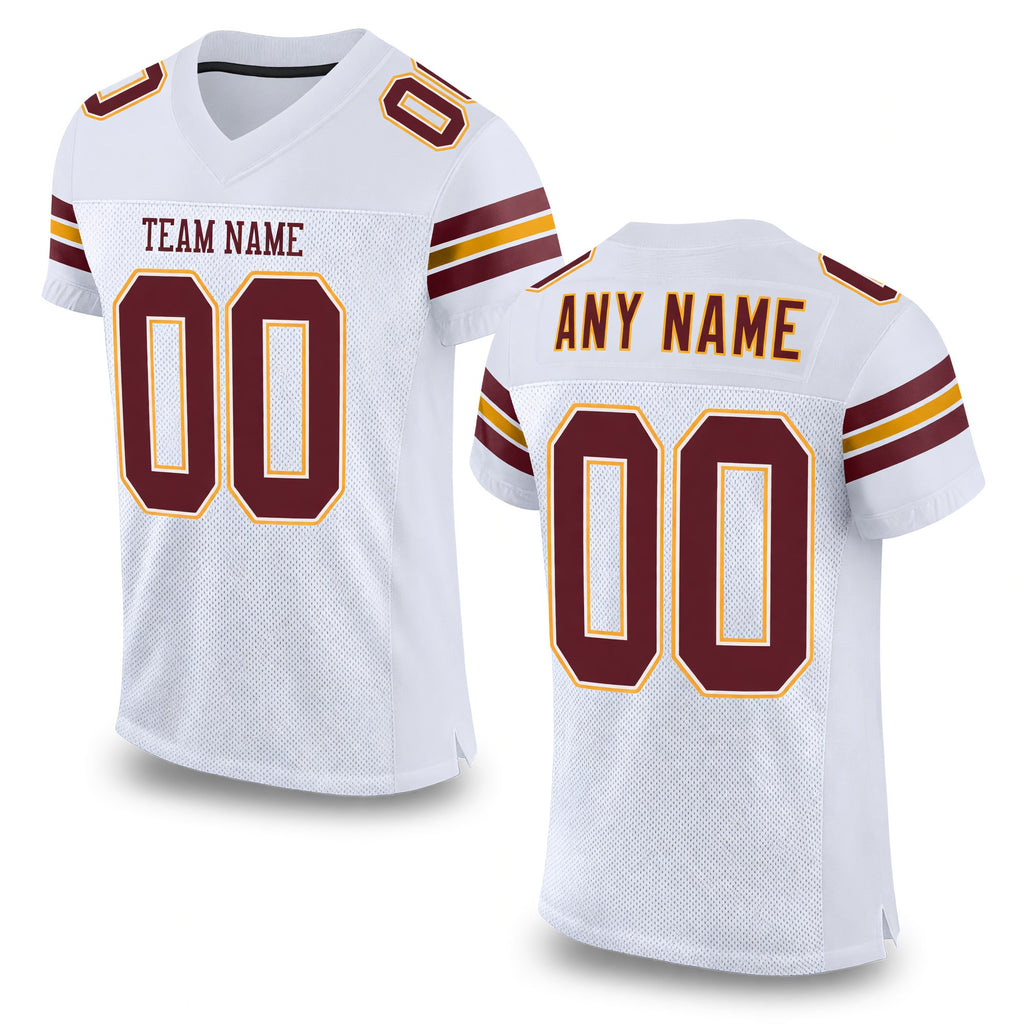 Custom White Burgundy-Gold Mesh Authentic Football Jersey
