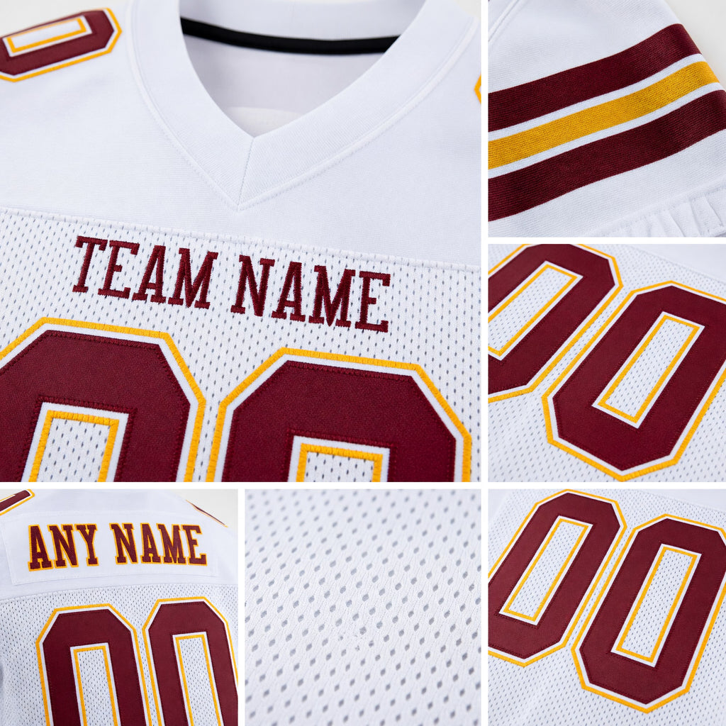 Custom White Burgundy-Gold Mesh Authentic Football Jersey detail
