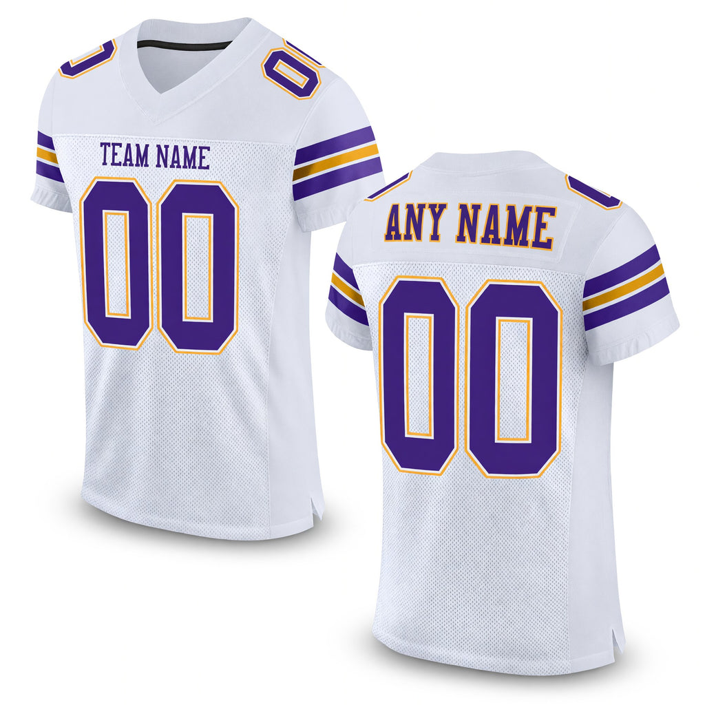 Custom White Purple-Gold Mesh Authentic Football Jersey