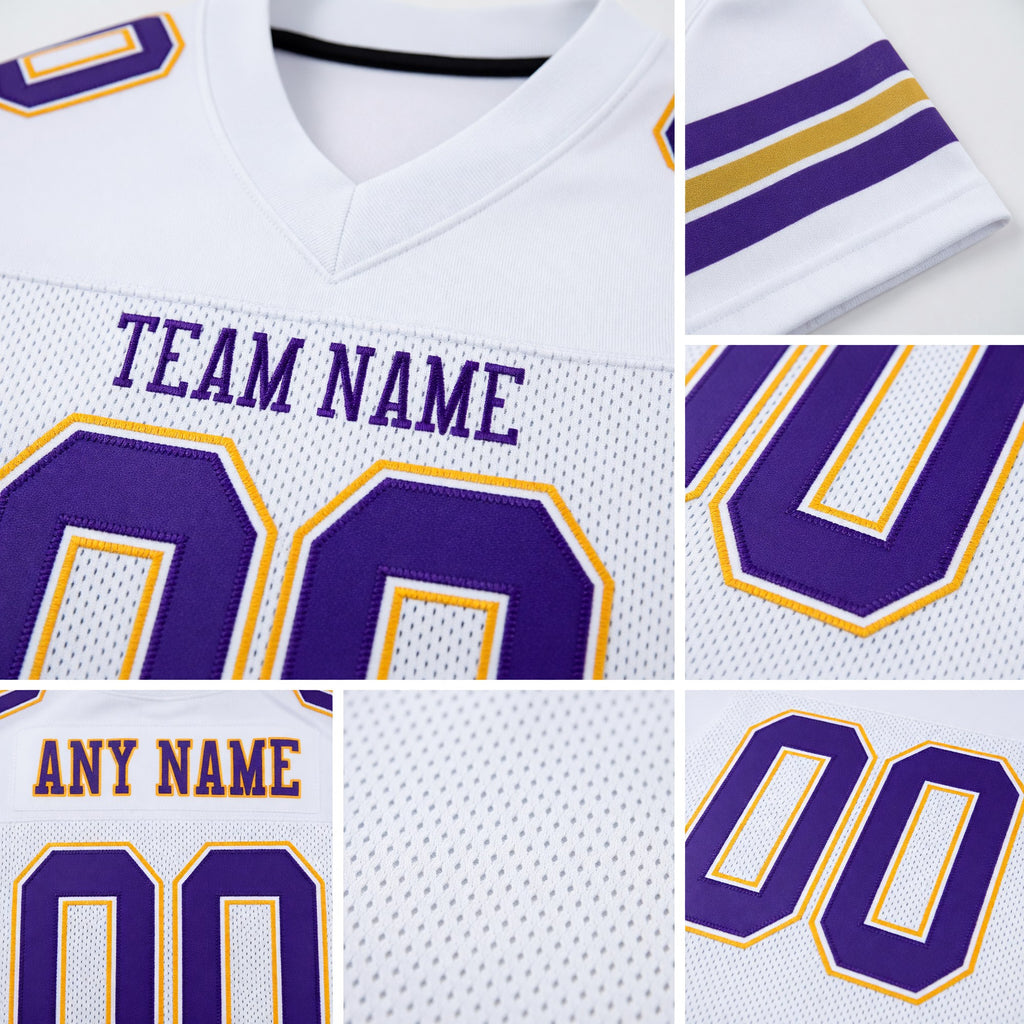 Custom White Purple-Gold Mesh Authentic Football Jersey detail