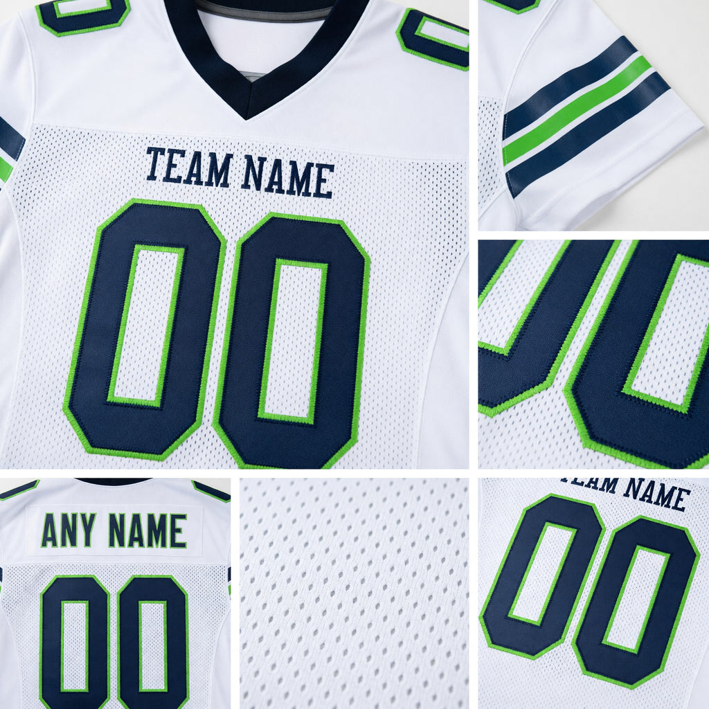 Custom White Navy-Neon Green Mesh Authentic Football Jersey detail