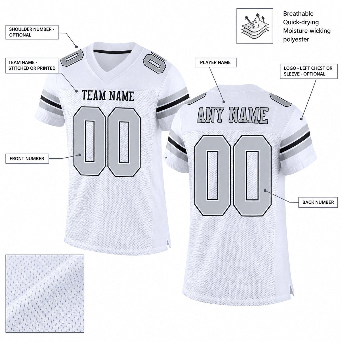 Custom White Mesh Authentic Football Jersey with Silver and Black Lettering Design 0015 customization guide
