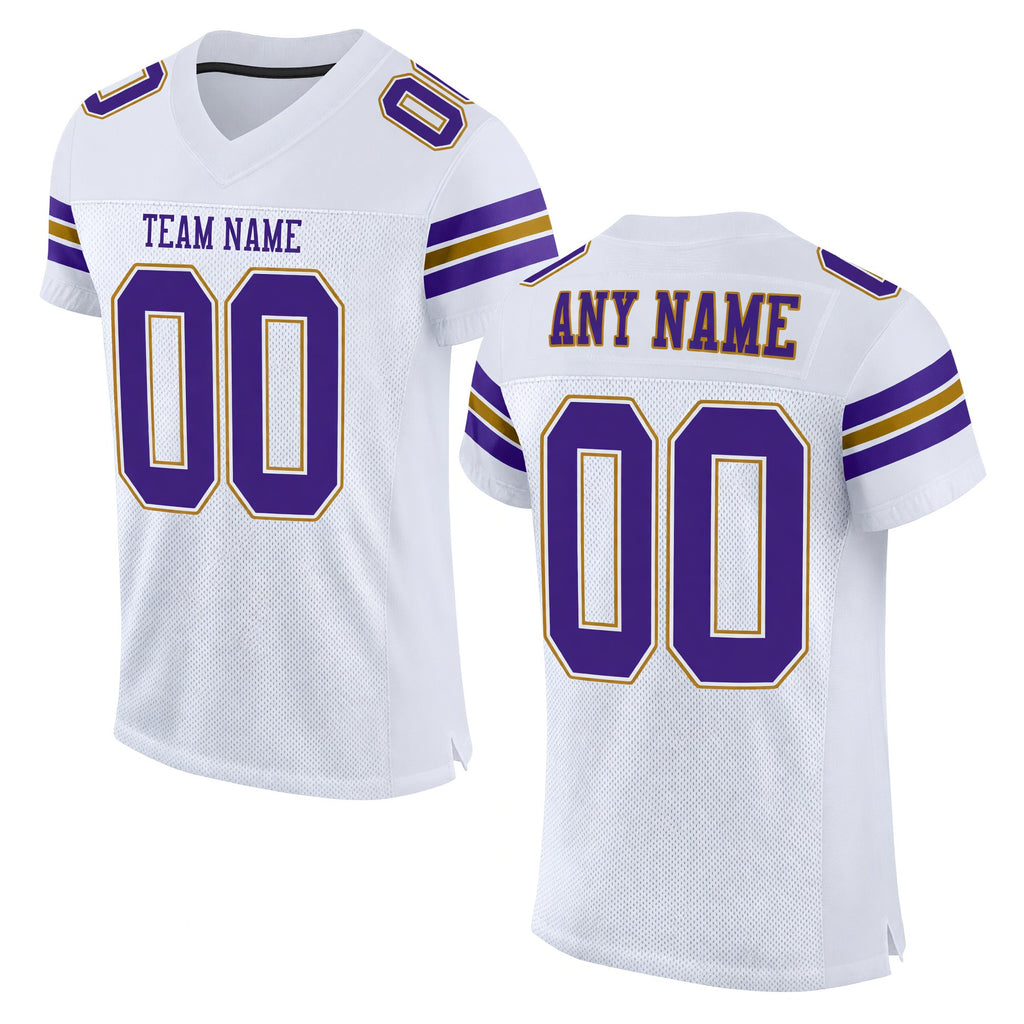Custom White Purple-Old Gold Mesh Authentic Football Jersey