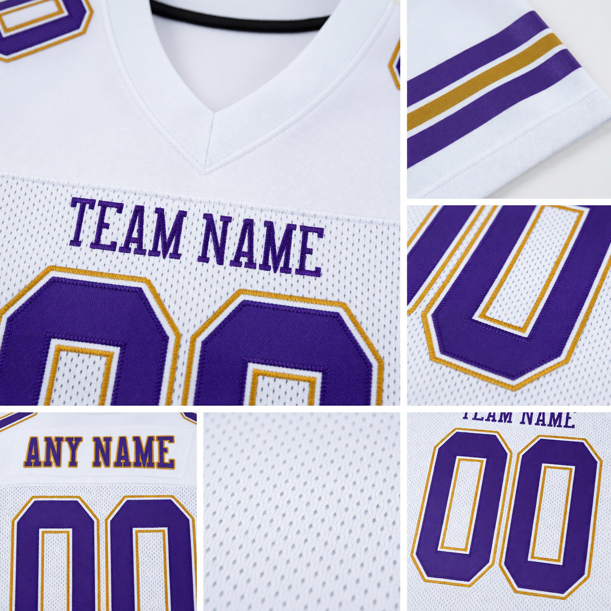 Custom White Purple-Old Gold Mesh Authentic Football Jersey detail