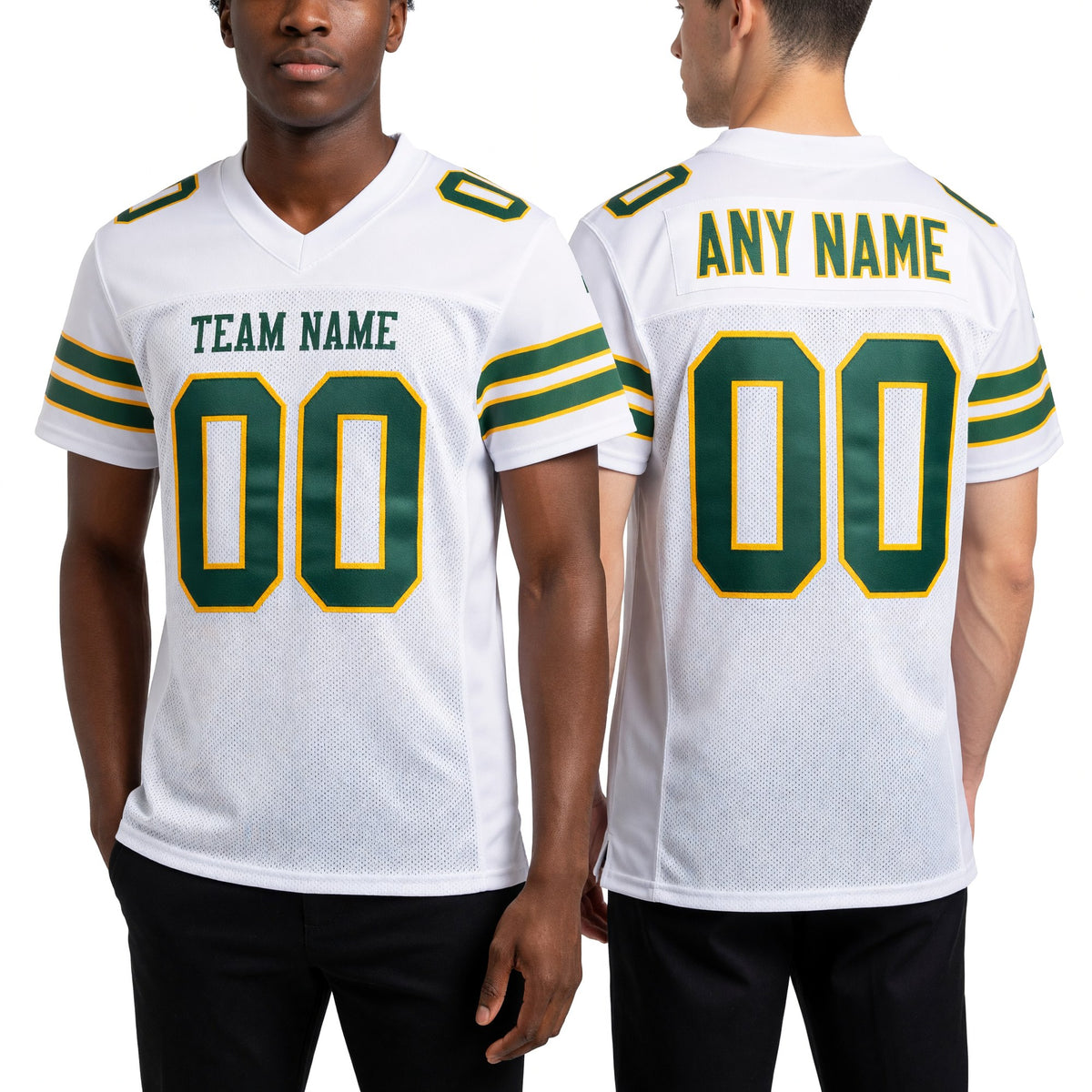 Custom White Green-Gold Mesh Authentic Football Jersey worn front and back