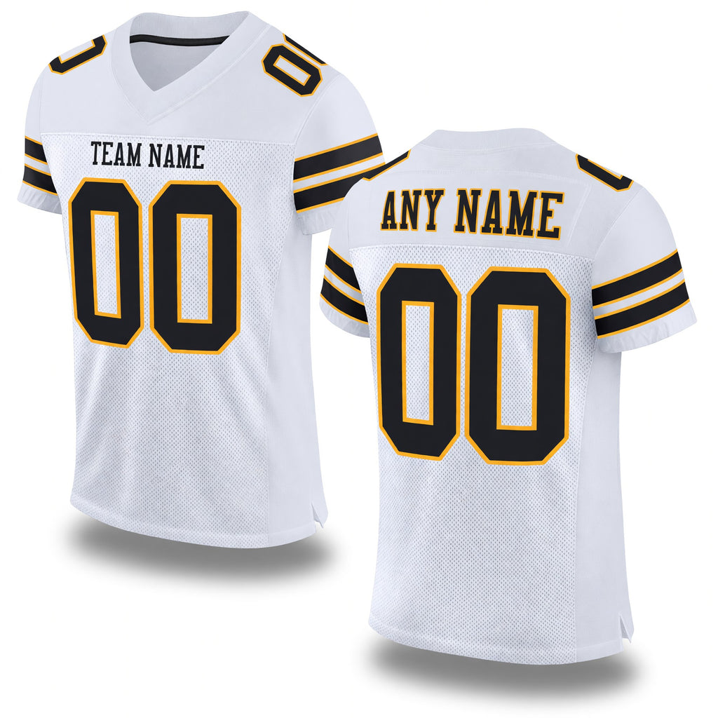 Custom White Black-Gold Mesh Authentic Football Jersey
