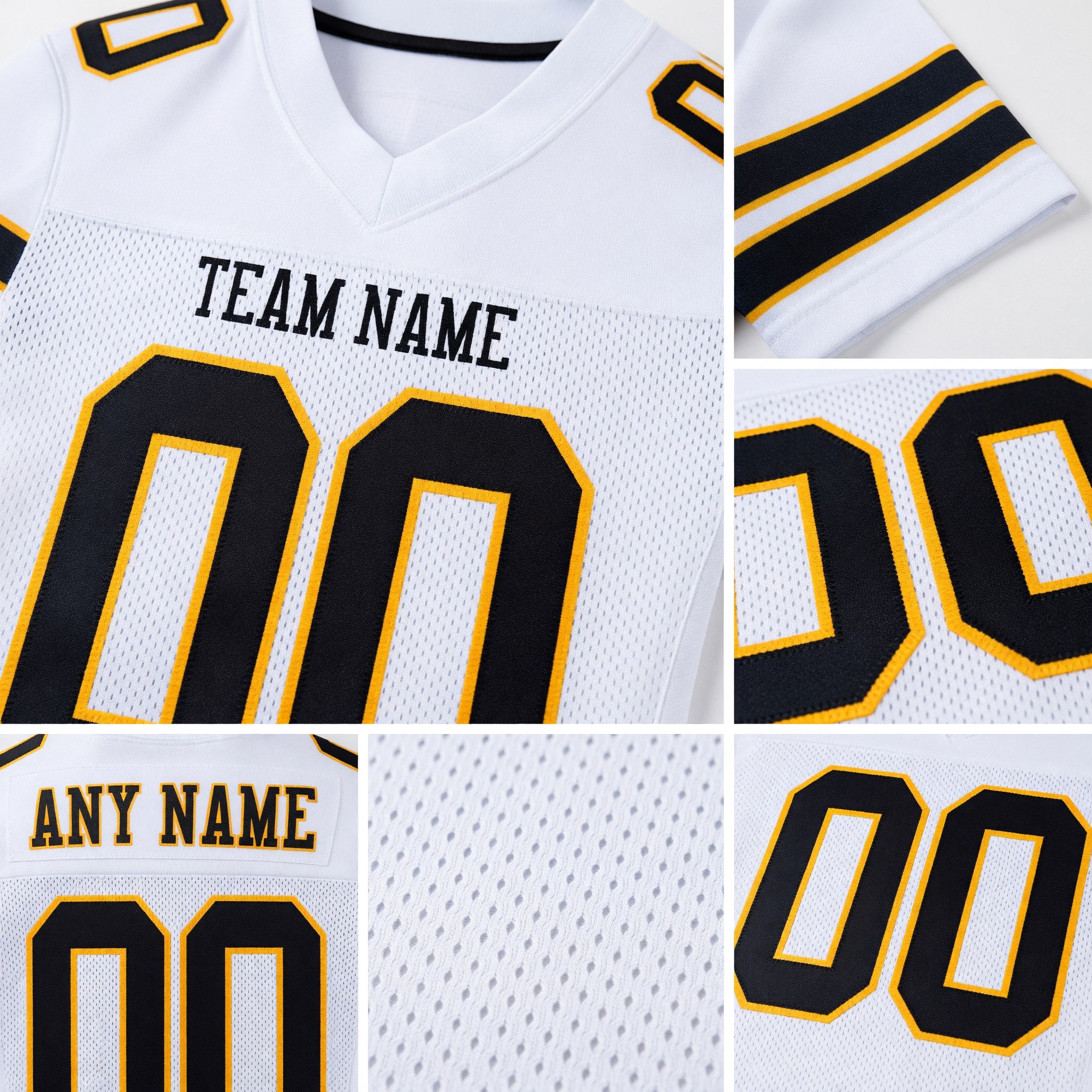 Custom White Black-Gold Mesh Authentic Football Jersey detail
