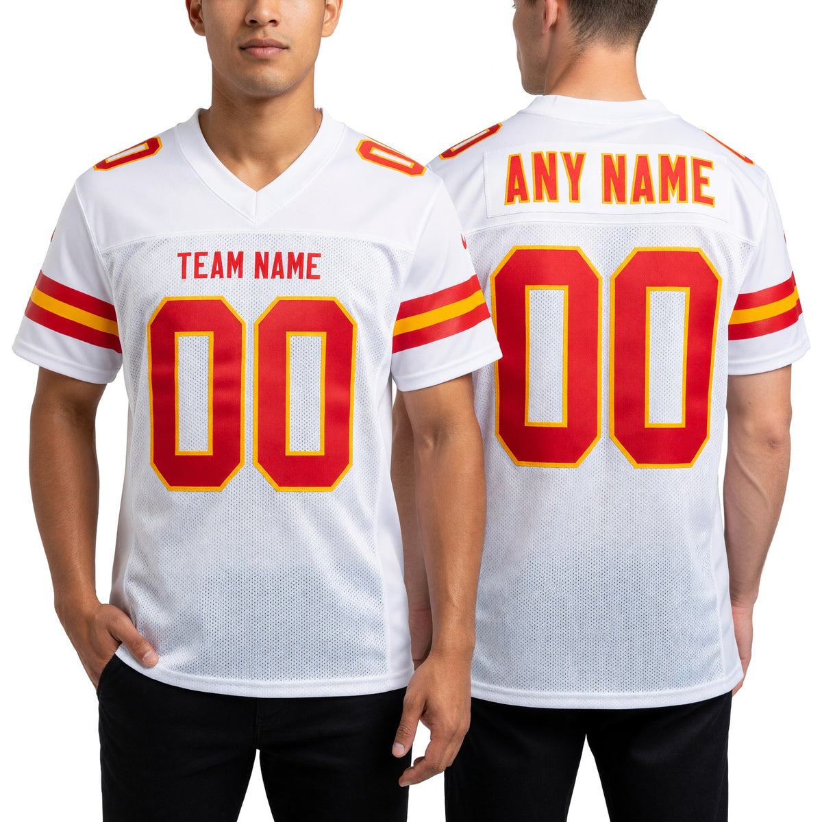 Custom White Scarlet-Gold Mesh Authentic Football Jersey worn front and back