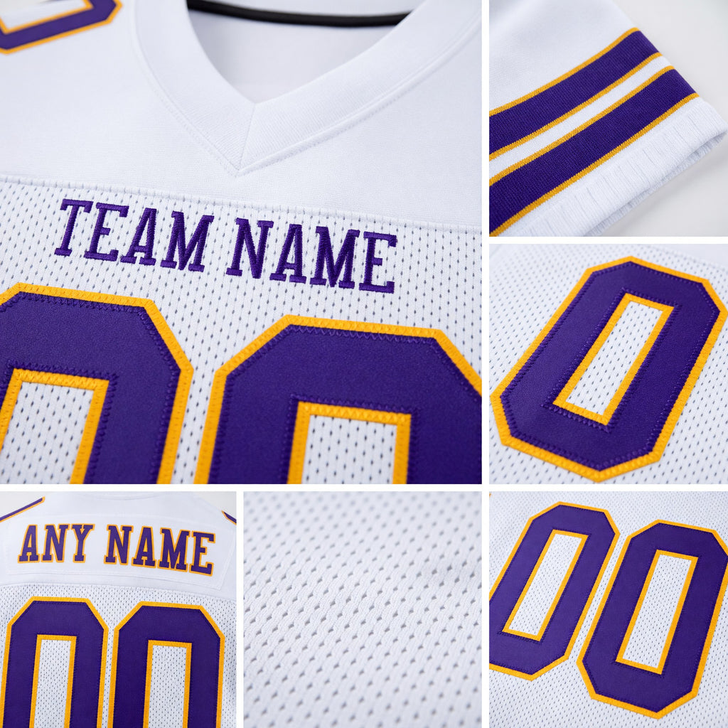 Custom White Purple-Gold Mesh Authentic Football Jersey detail