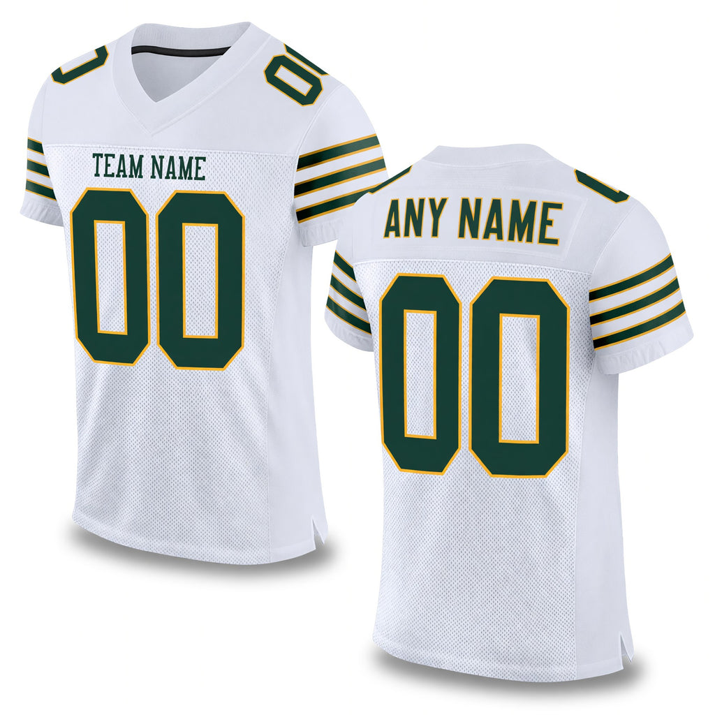 Custom White Green-Gold Mesh Authentic Football Jersey