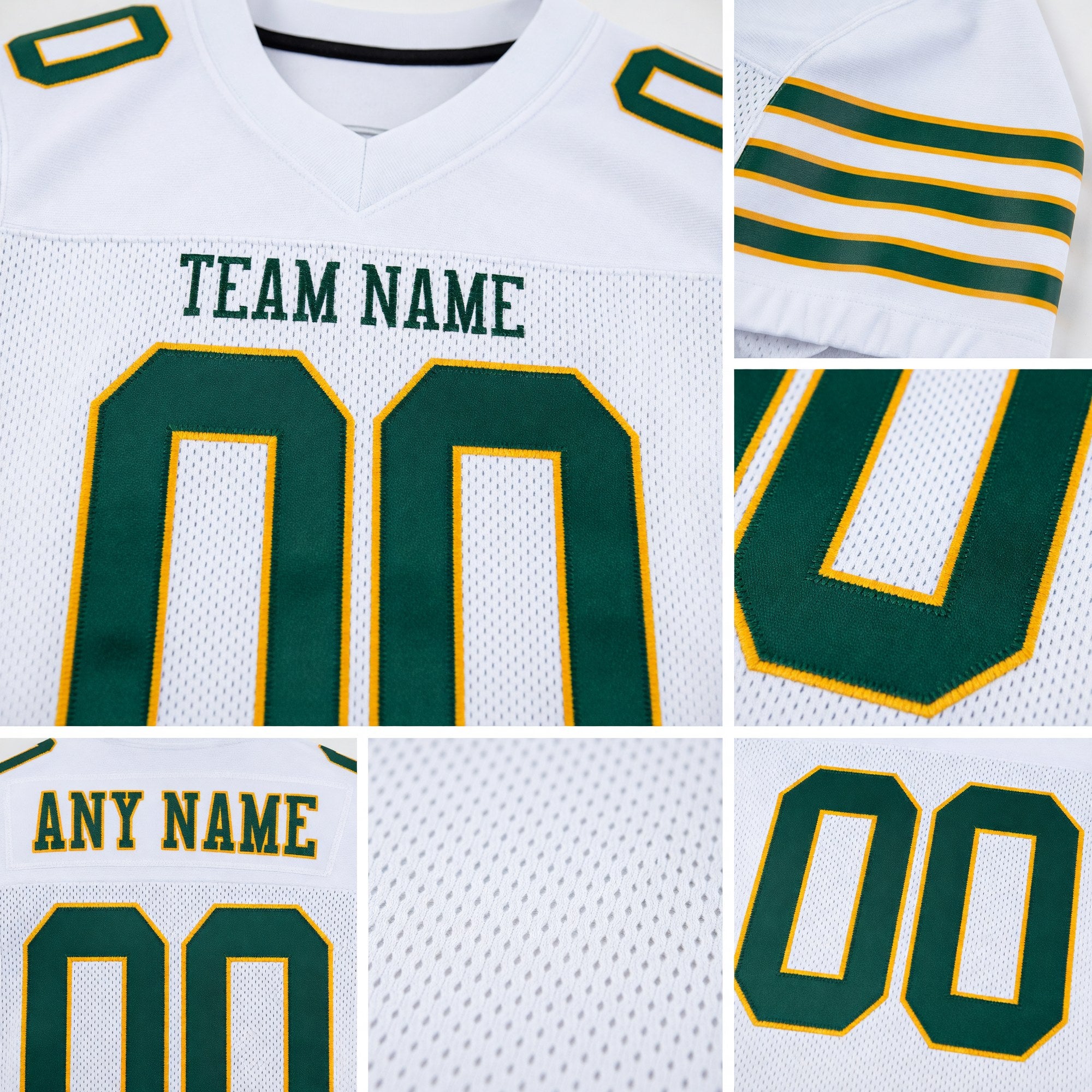 Custom White Green-Gold Mesh Authentic Football Jersey detail