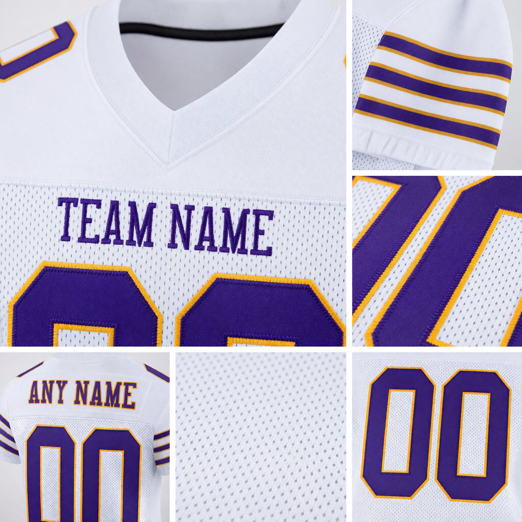 Custom White Purple-Gold Mesh Authentic Football Jersey detail