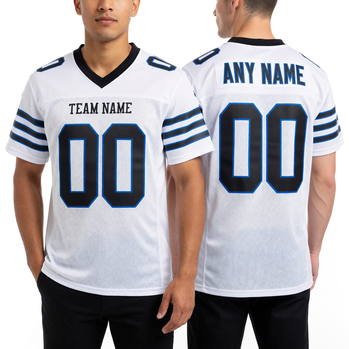 Custom White Black-Panther Blue Mesh Authentic Football Jersey worn front and back