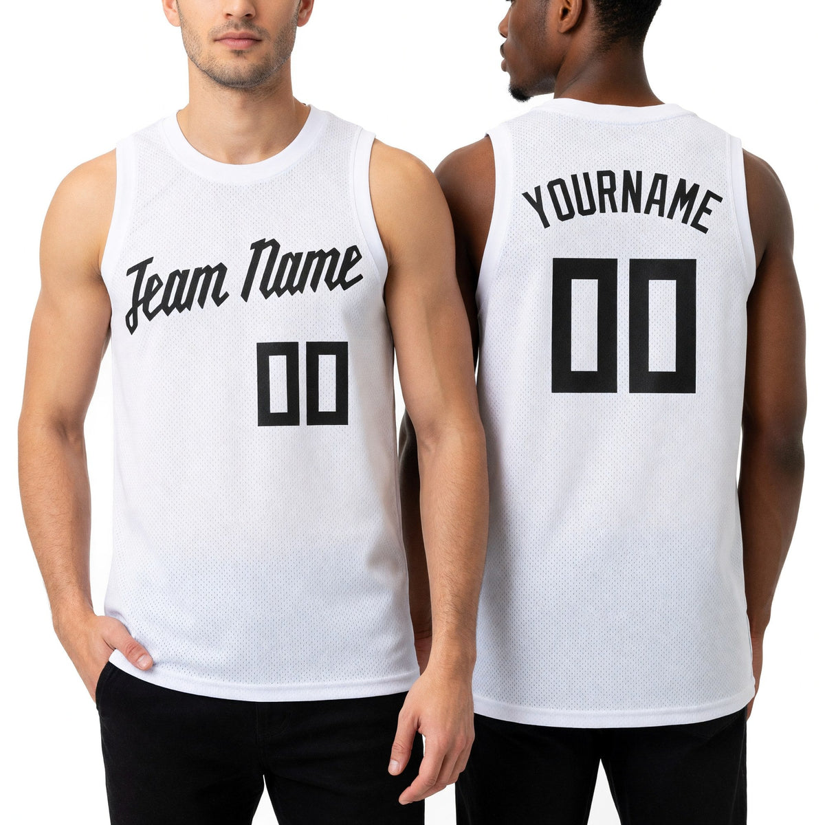 Custom White Black Round Neck Basketball Jersey worn front and back