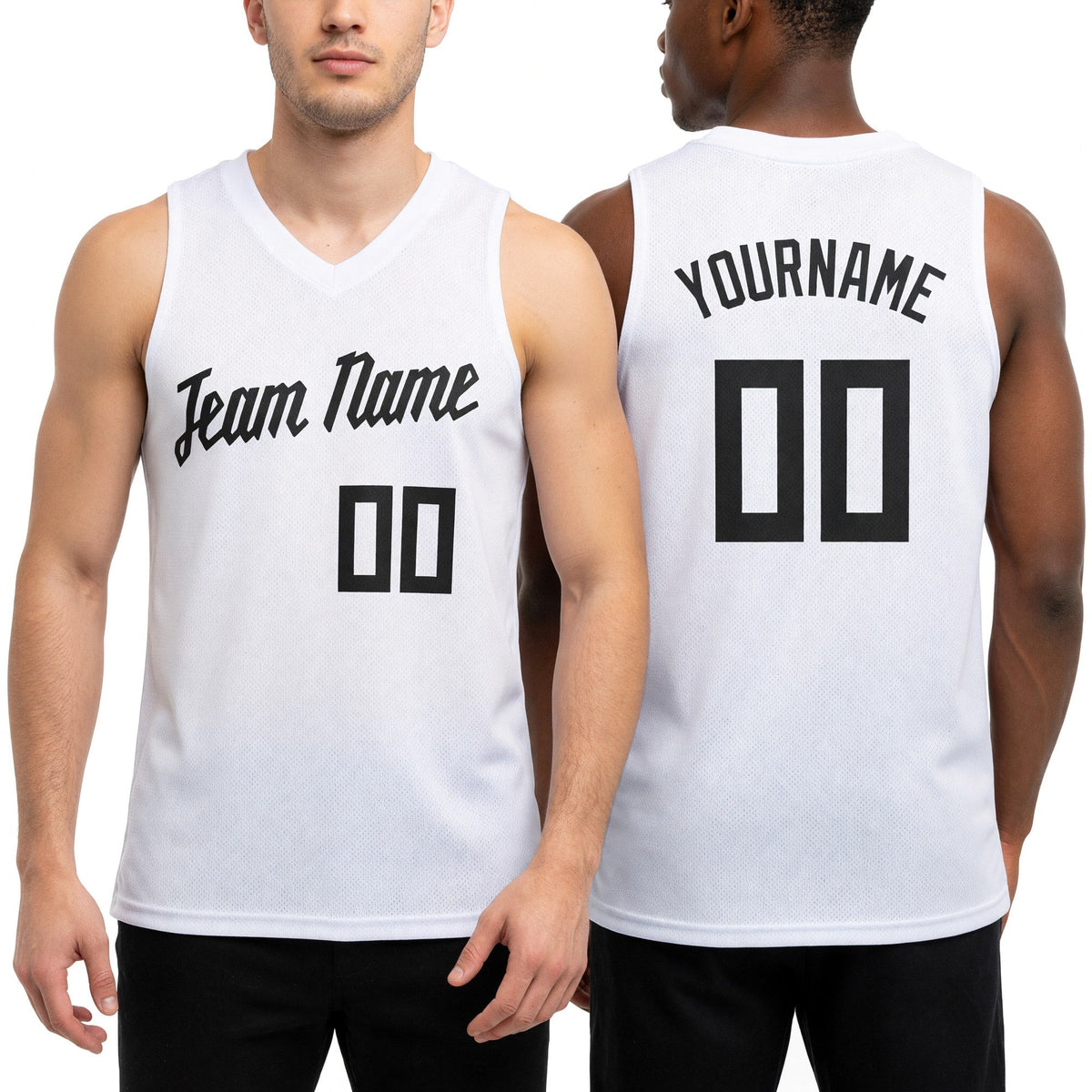Custom White Black V-Neck Basketball Jersey worn front and back