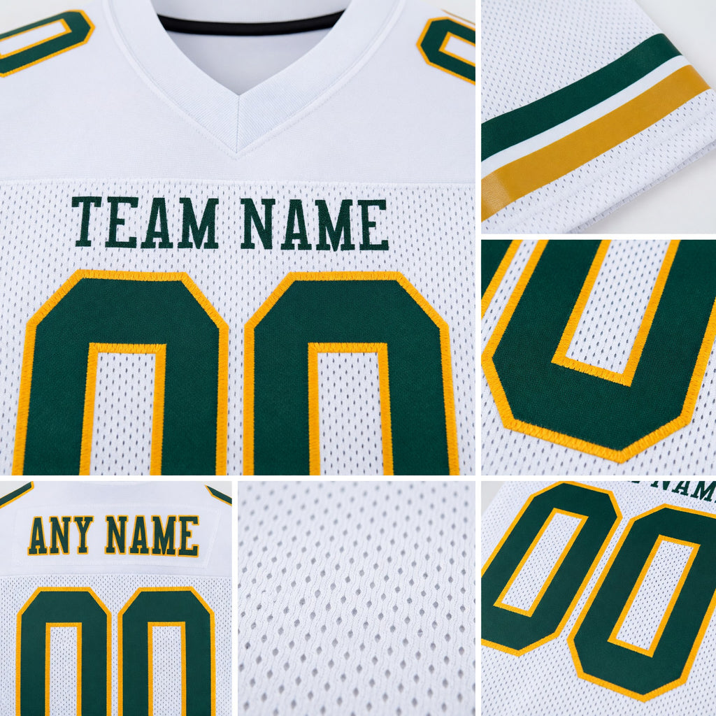 Custom White Green-Gold Mesh Authentic Football Jersey detail