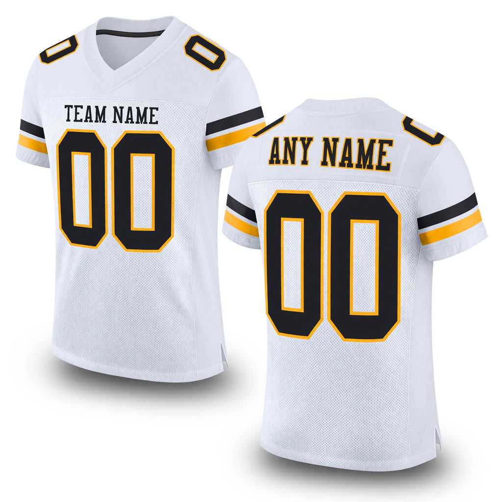 Custom White Black-Gold Mesh Authentic Football Jersey