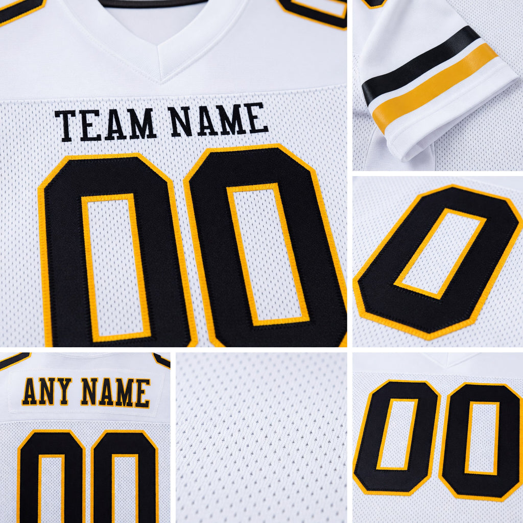 Custom White Black-Gold Mesh Authentic Football Jersey detail
