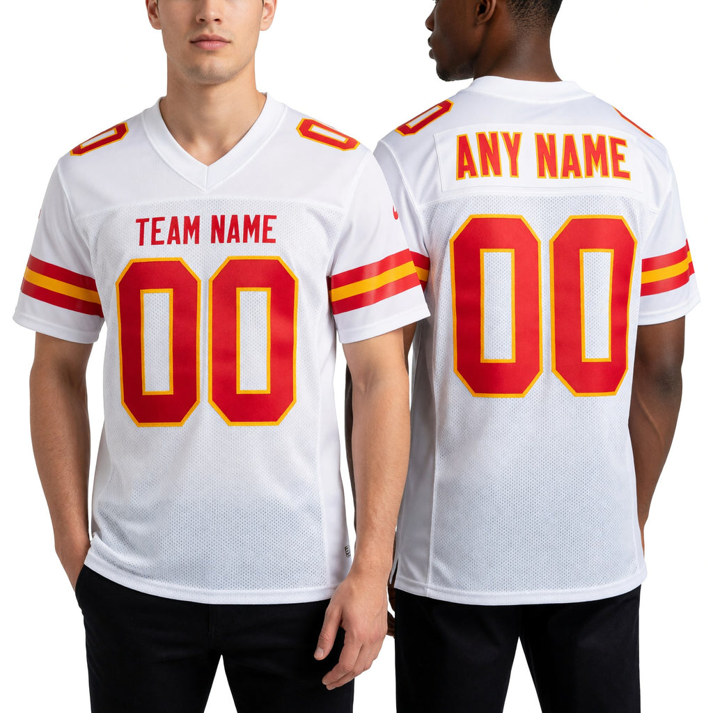 Custom White Scarlet-Gold Mesh Authentic Football Jersey worn front and back