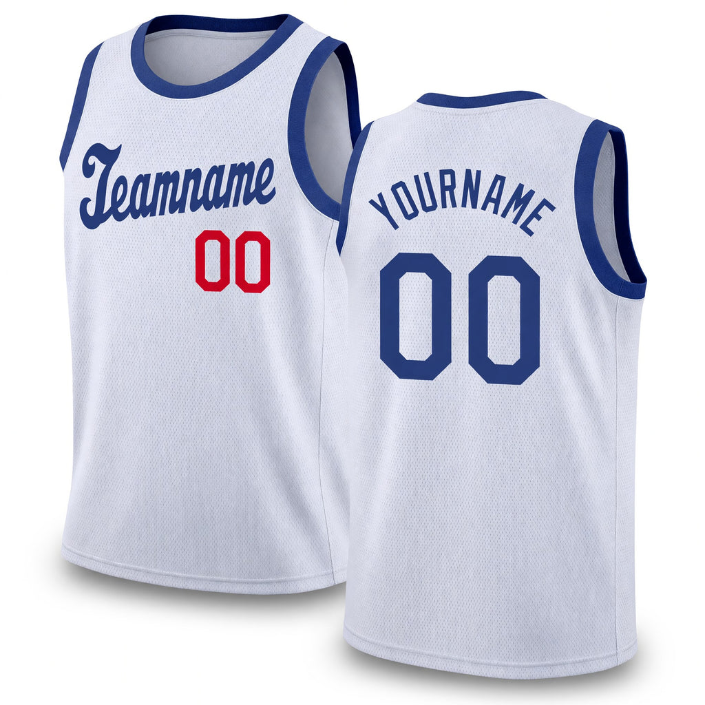Custom White Royal-Red Round Neck Rib-Knit Basketball Jersey