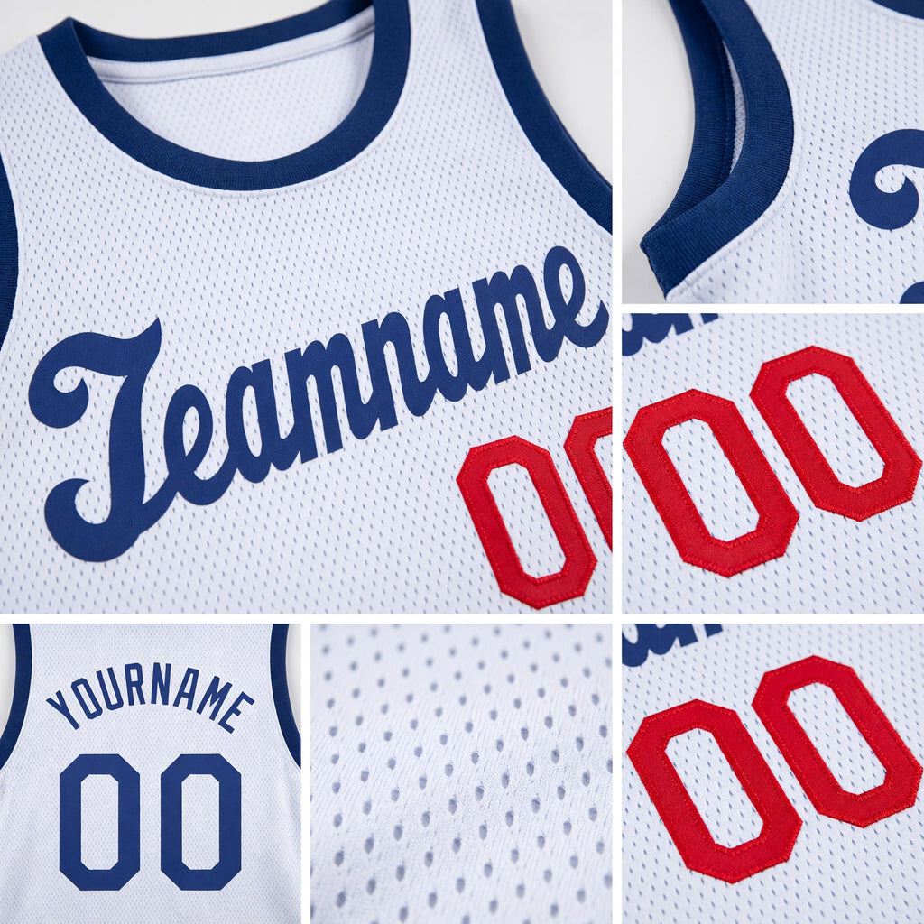 Custom White Royal-Red Round Neck Rib-Knit Basketball Jersey detail