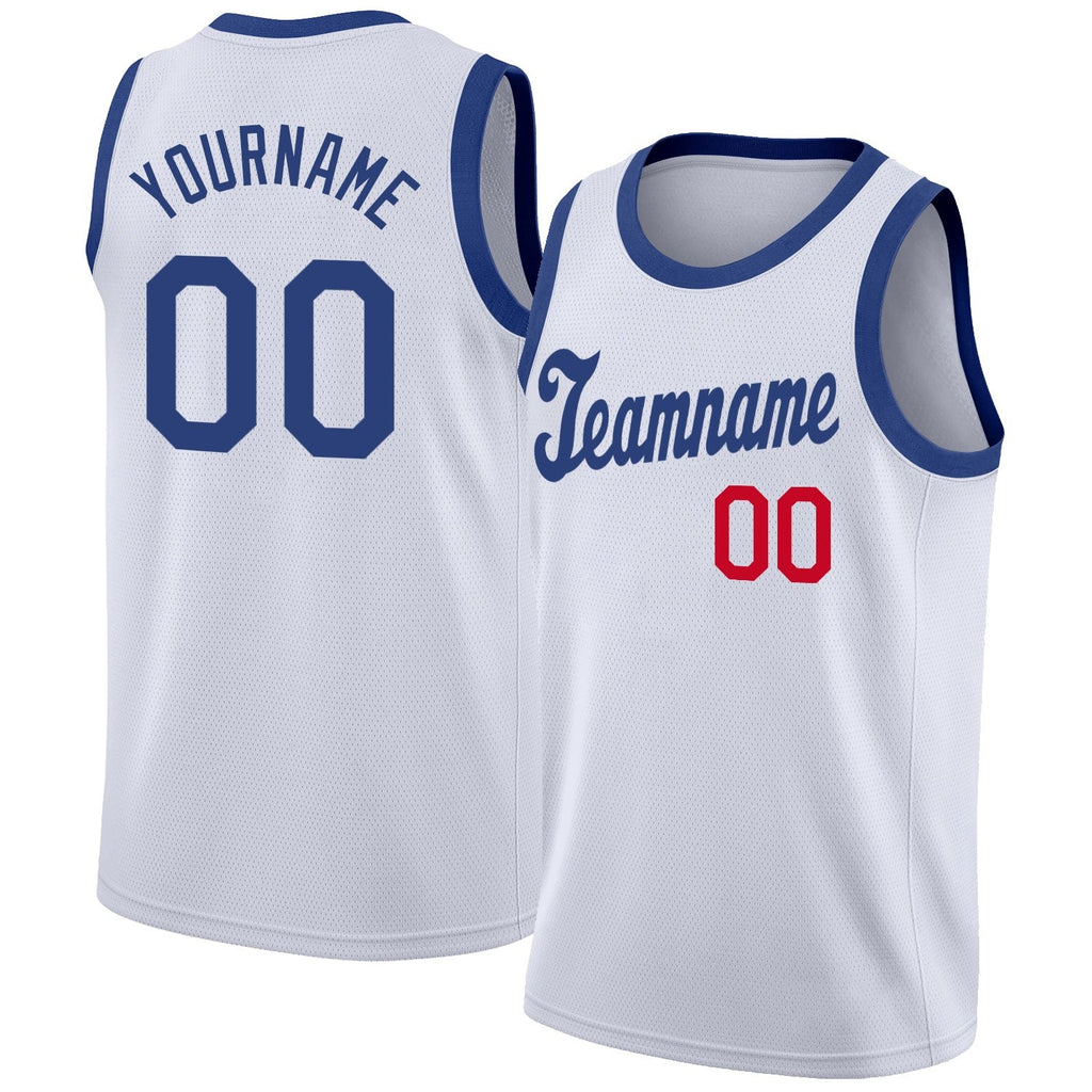 Custom White Royal-Red Round Neck Rib-Knit Basketball Jersey photo 1
