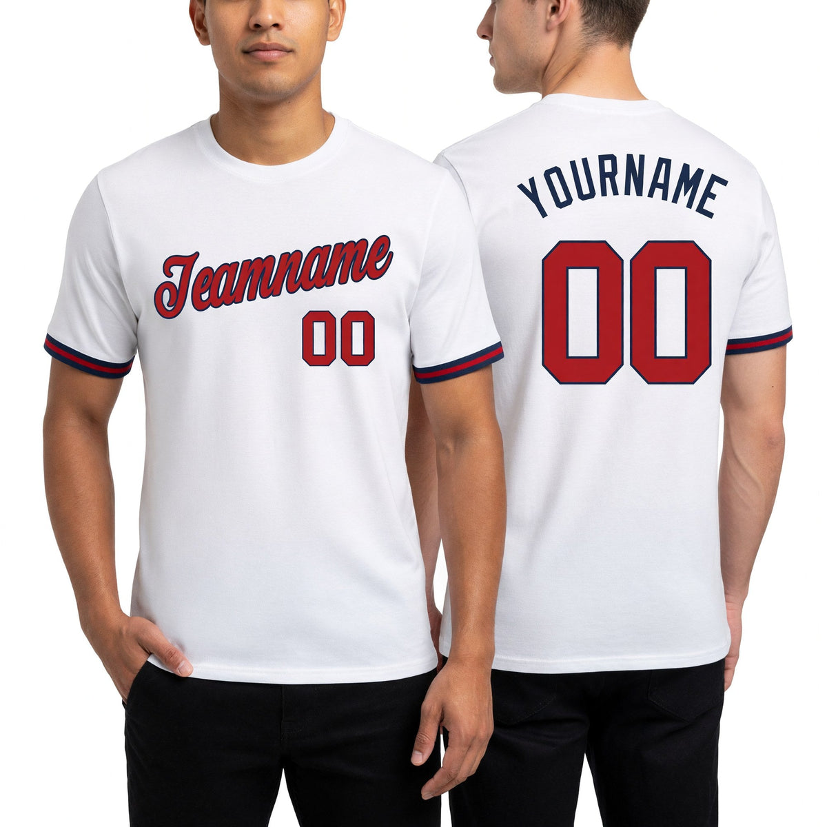 Custom White Red-Navy Performance T-Shirt worn front and back