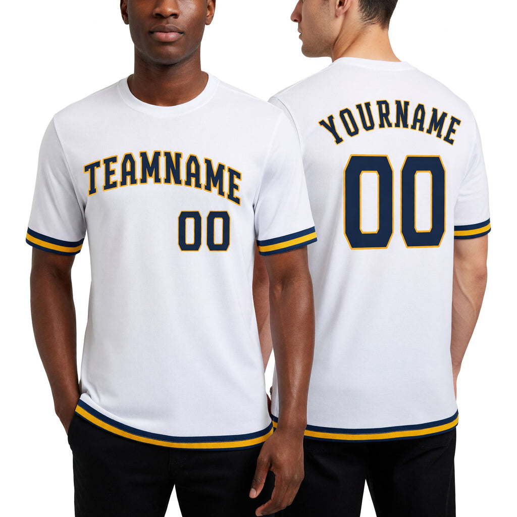 Custom White Navy-Gold Performance T-Shirt worn front and back