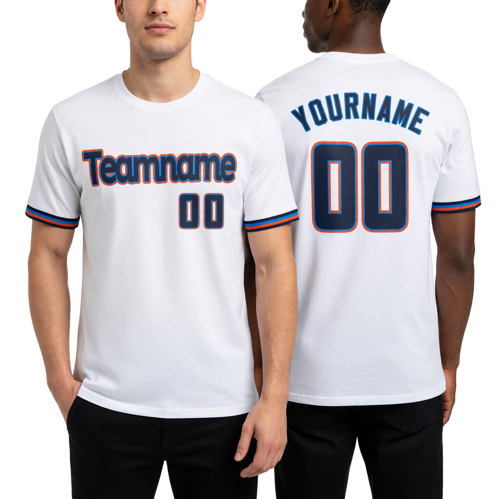 Custom White Black-Powder Blue Performance T-Shirt worn front and back
