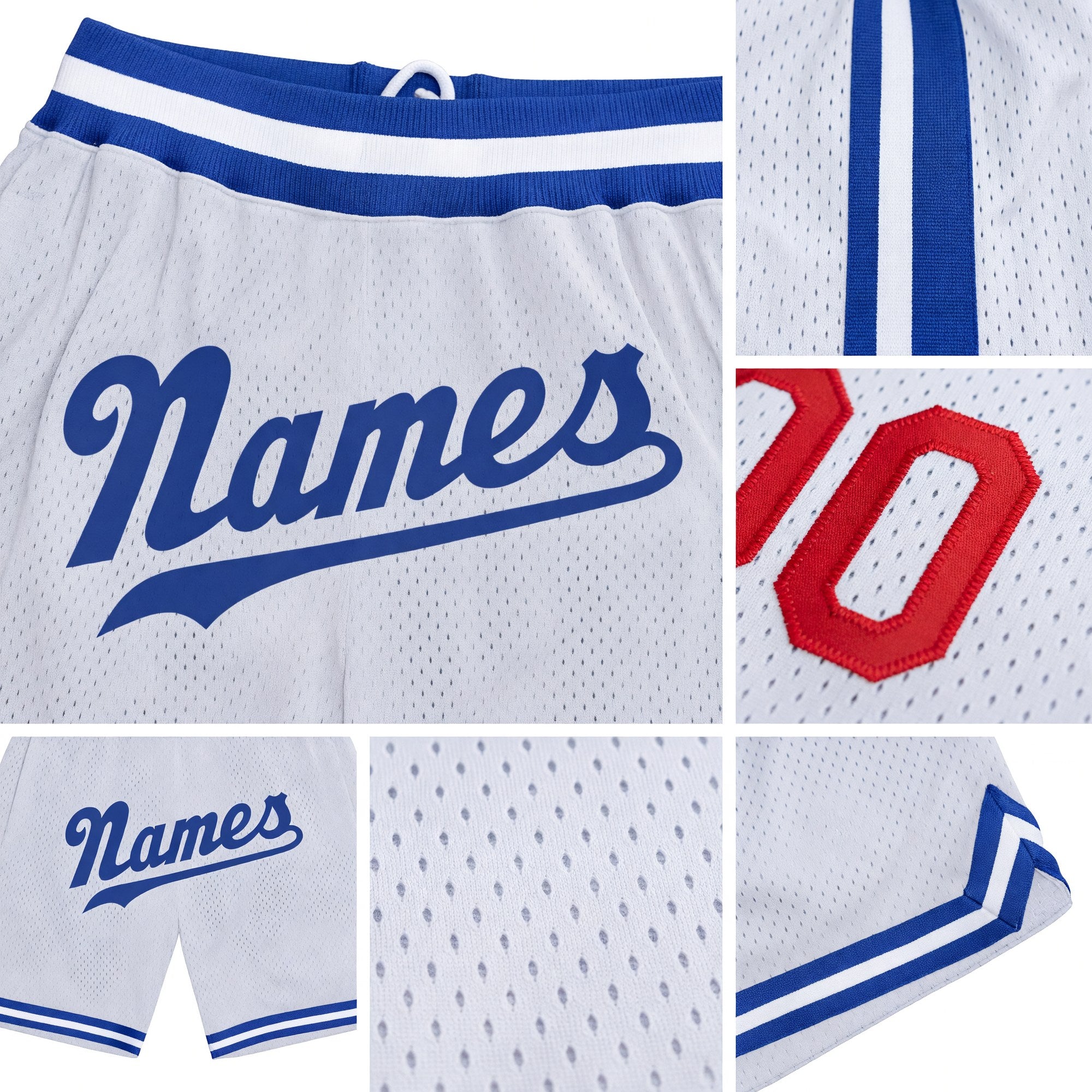 Custom White Royal-Red Authentic Throwback Basketball Shorts detail
