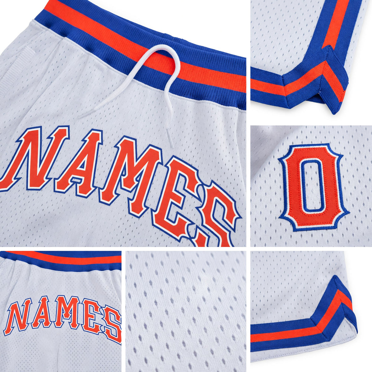 Custom White Orange-Royal Authentic Throwback Basketball Shorts detail