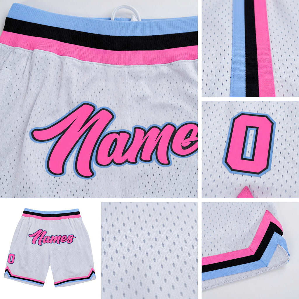 Custom White Pink-Light Blue Authentic Throwback Basketball Shorts detail