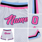 Custom White Pink-Light Blue Authentic Throwback Basketball Shorts detail