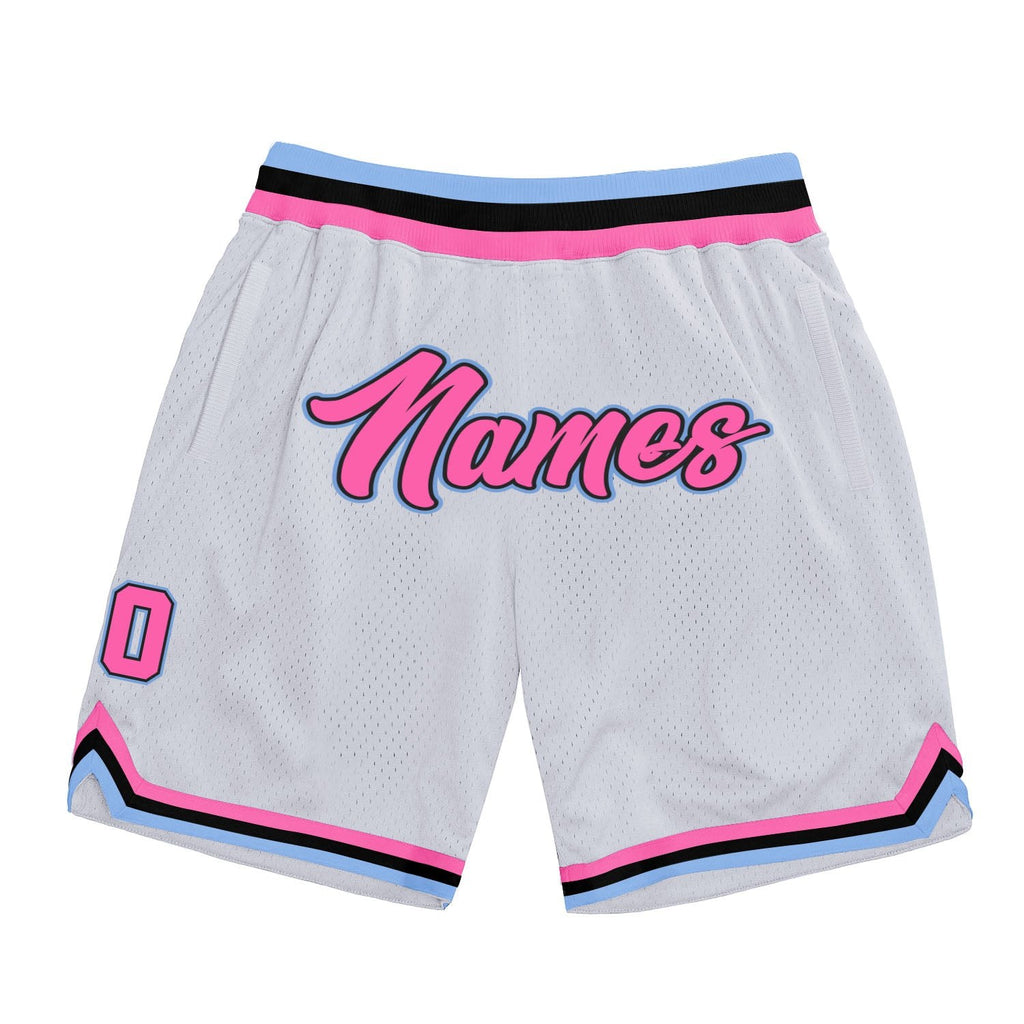 Custom White Pink-Light Blue Authentic Throwback Basketball Shorts photo 1