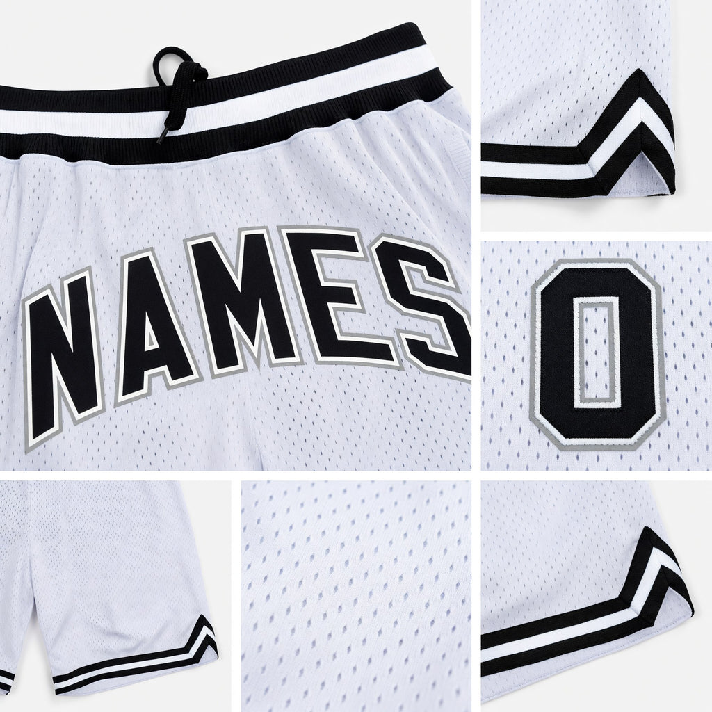 Custom White Black-Gray Authentic Throwback Basketball Shorts detail