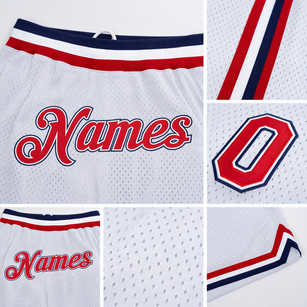Custom White Red-Navy Authentic Throwback Basketball Shorts detail