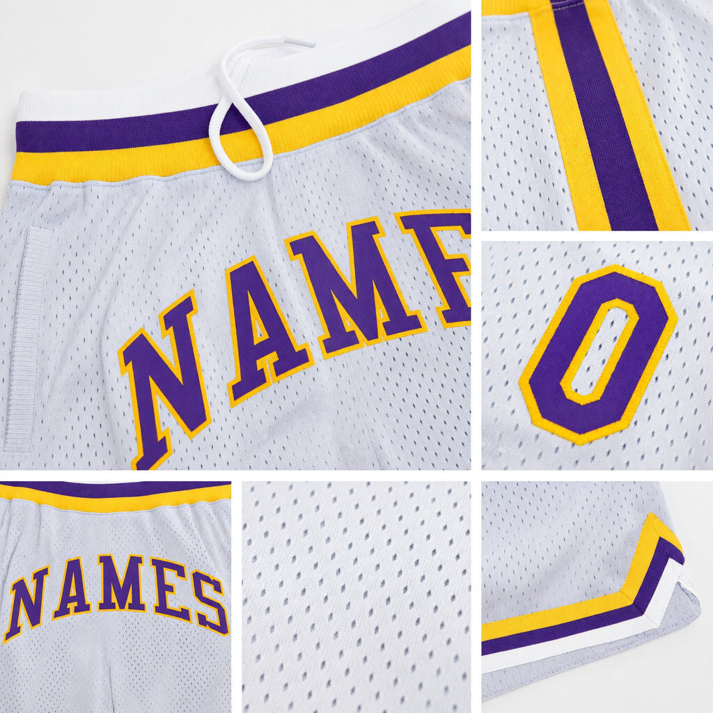 Custom White Purple-Gold Authentic Throwback Basketball Shorts detail