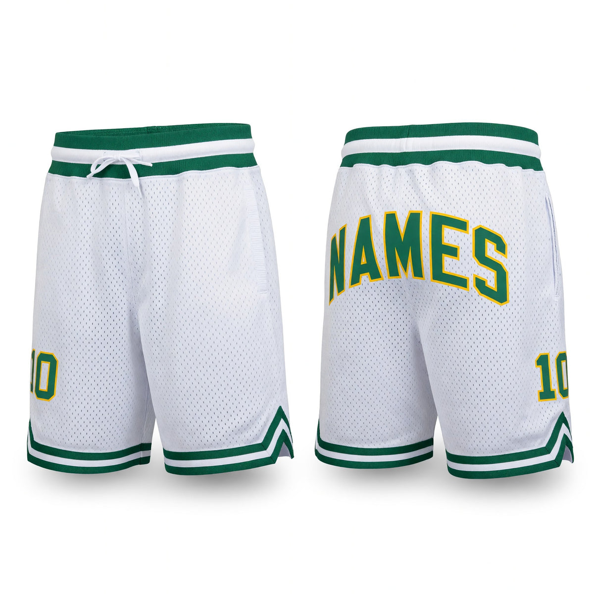 Custom White Kelly Green-Gold Authentic Throwback Basketball Shorts