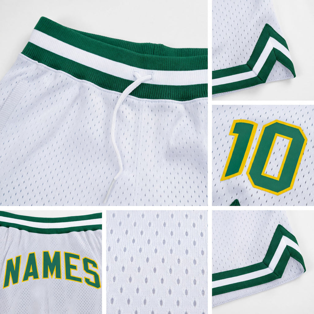 Custom White Kelly Green-Gold Authentic Throwback Basketball Shorts detail