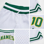 Custom White Kelly Green-Gold Authentic Throwback Basketball Shorts detail