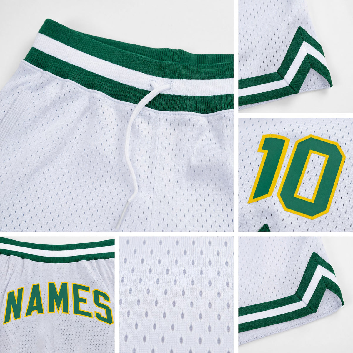 Custom White Kelly Green-Gold Authentic Throwback Basketball Shorts detail