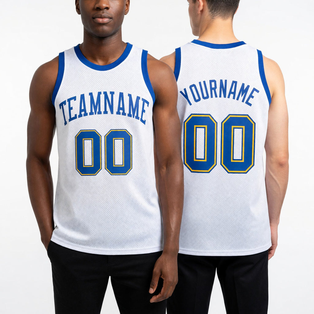 Custom White Royal-Gold Authentic Throwback Basketball Jersey worn front and back