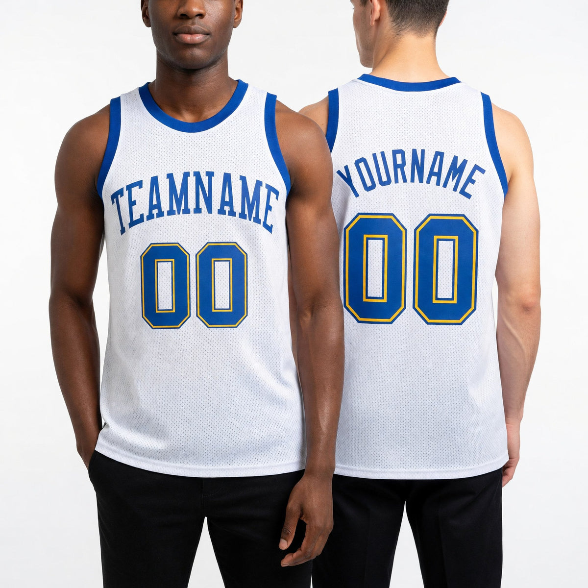 Custom White Royal-Gold Authentic Throwback Basketball Jersey worn front and back
