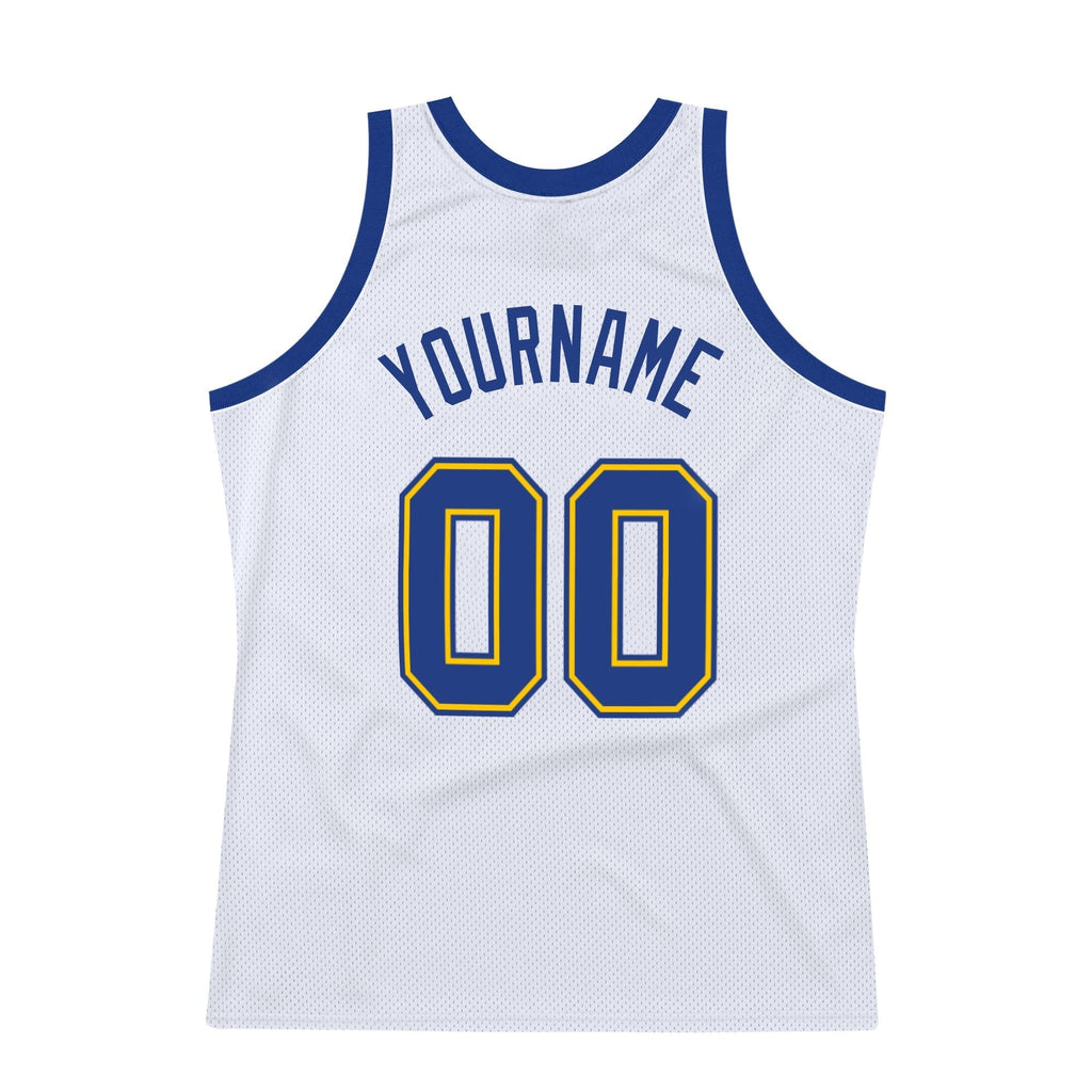 Custom White Royal-Gold Authentic Throwback Basketball Jersey photo 5