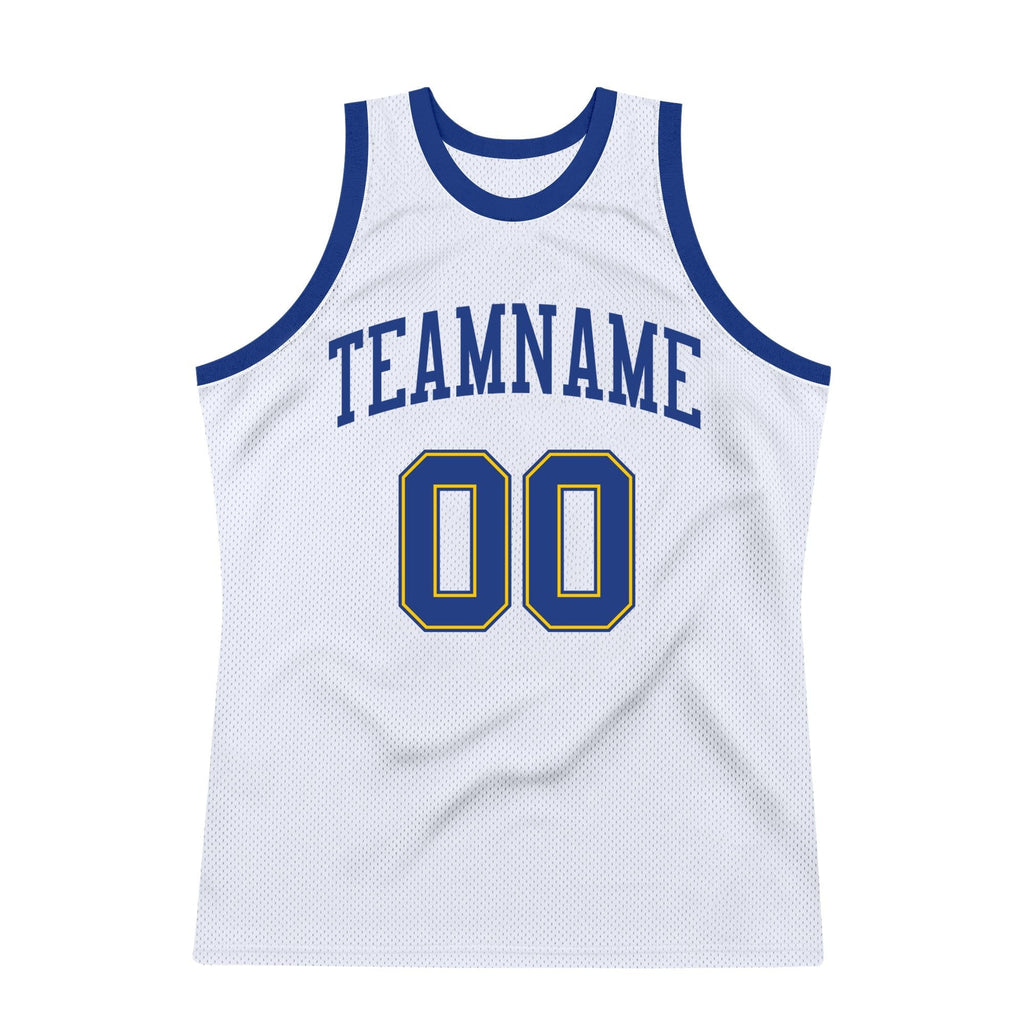 Custom White Royal-Gold Authentic Throwback Basketball Jersey photo 6