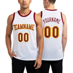 Custom White Maroon-Gold Authentic Throwback Basketball Jersey worn front and back