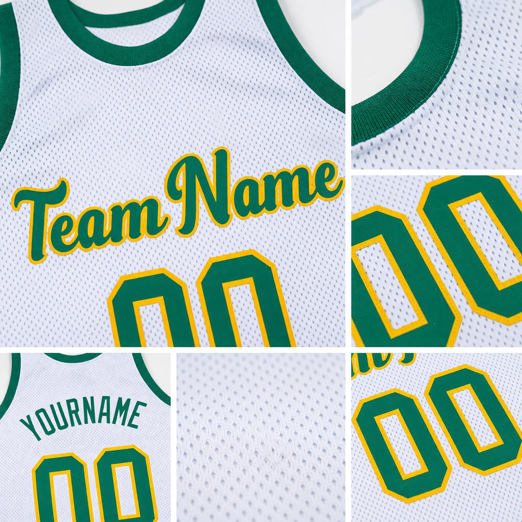 Custom White Kelly Green-Gold Authentic Throwback Basketball Jersey detail