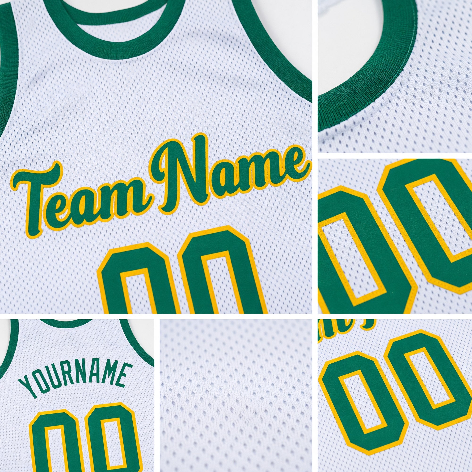 Custom White Kelly Green-Gold Authentic Throwback Basketball Jersey detail